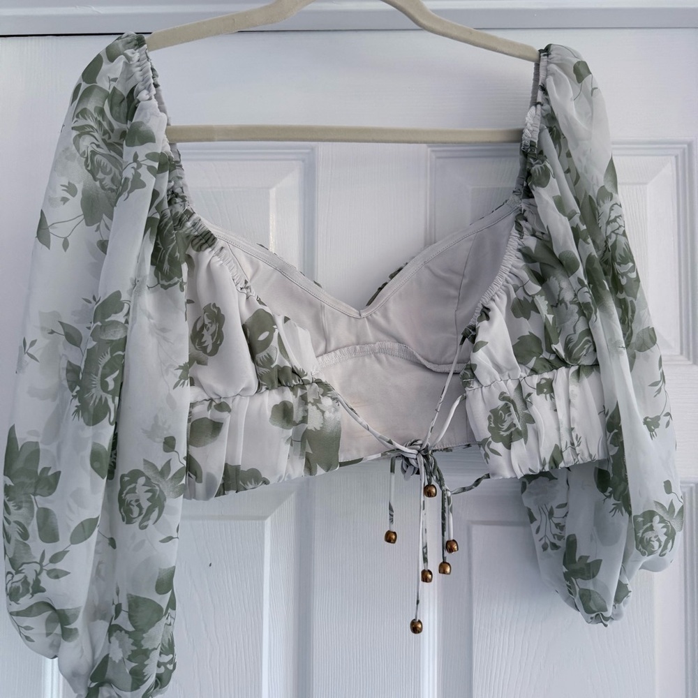 HELLO MOLLY Pretty Polly Green White Floral Tie Back Crop Top with Sleeves XS - Picture 4 of 9